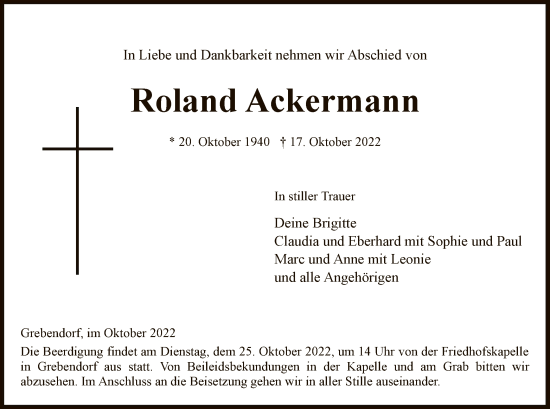 Traueranzeige von Roland Ackermann von WRS