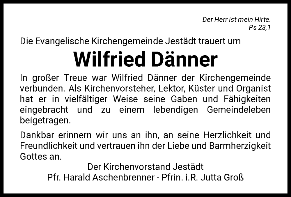  Traueranzeige für Wilfried Dänner vom 01.10.2022 aus WRS