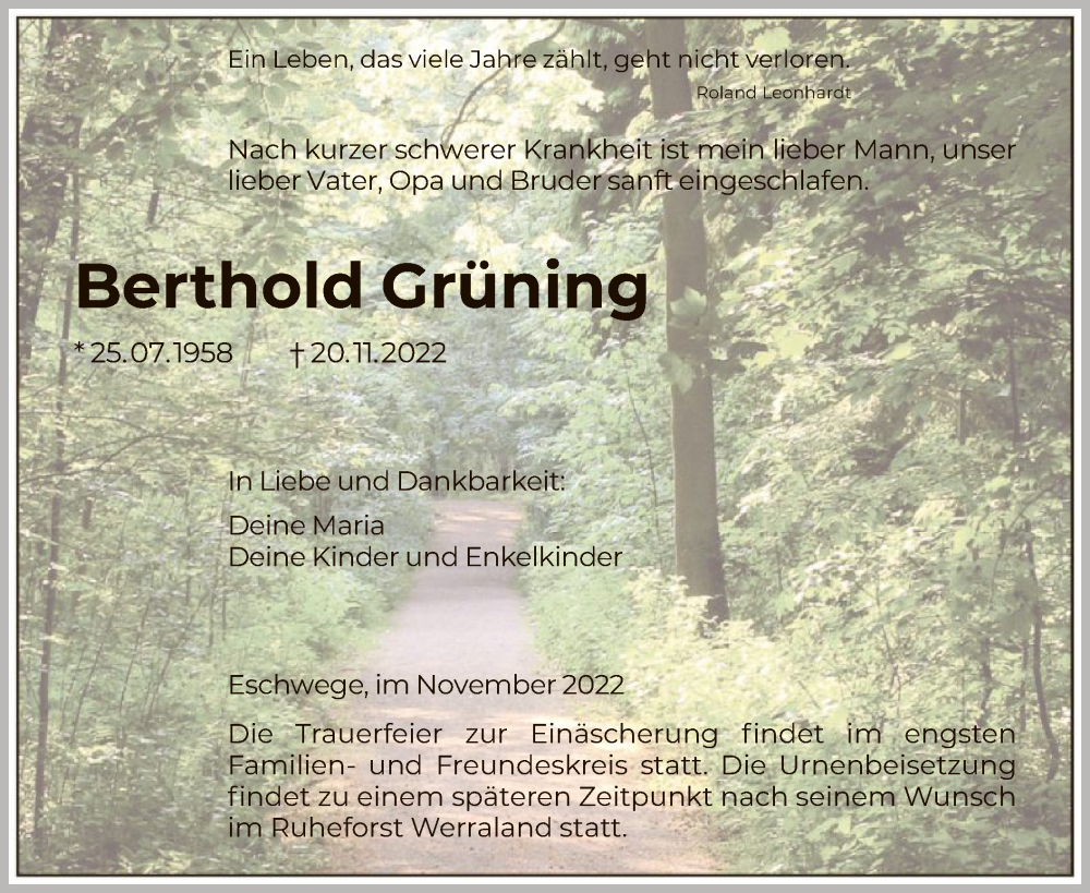  Traueranzeige für Berthold Grüning vom 26.11.2022 aus WRS