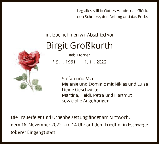 Traueranzeige von Birgit Großkurth von WRS