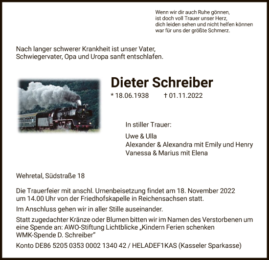 Traueranzeige von Dieter Schreiber von WRS