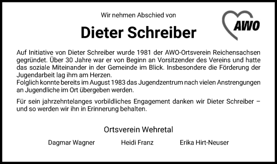 Traueranzeige von Dieter Schreiber von WRS