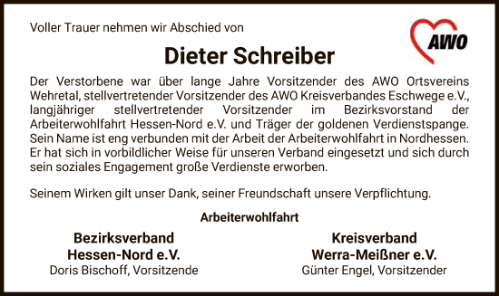 Traueranzeige von Dieter Schreiber von WRS