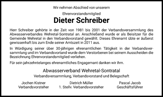 Traueranzeige von Dieter Schreiber von WRS