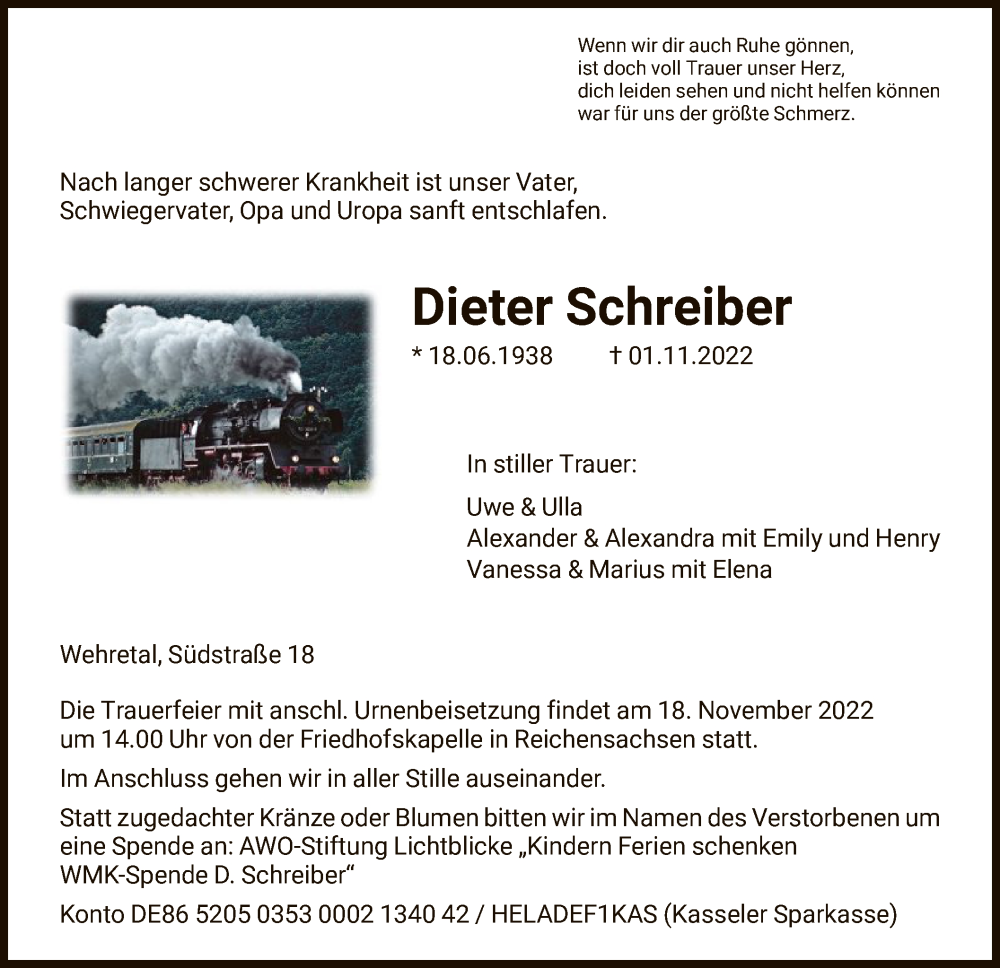  Traueranzeige für Dieter Schreiber vom 12.11.2022 aus WRS