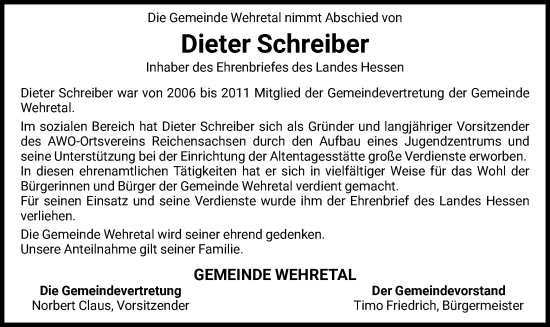 Traueranzeige von Dieter Schreiber von WRS