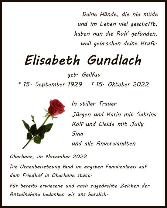 Traueranzeige von Elisabeth Gundlach von WRS