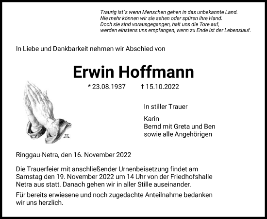 Traueranzeige von Erwin Hoffmann von WRS