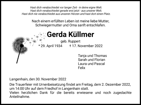 Traueranzeige von Gerda Küllmer von WRS