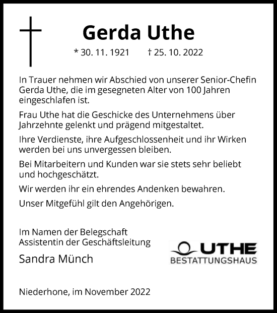 Traueranzeige von Gerda Uthe von WRS