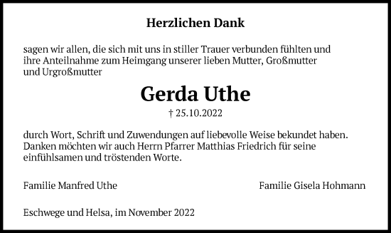 Traueranzeige von Gerda Uthe von WRS