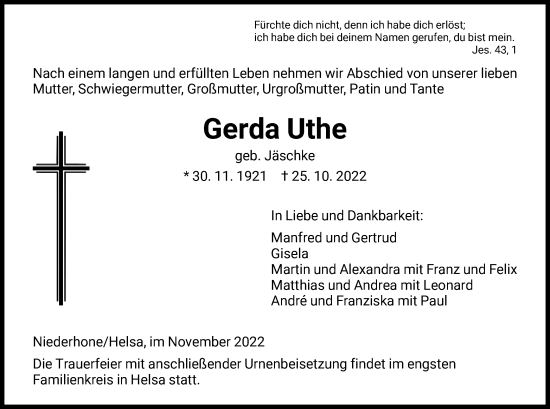 Traueranzeige von Gerda Uthe von WRS