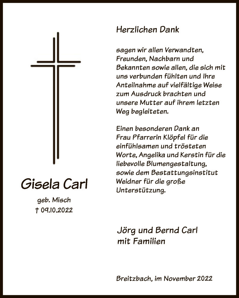  Traueranzeige für Gisela Carl vom 26.11.2022 aus WRS