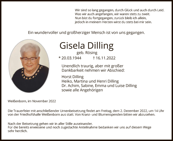 Traueranzeige von Gisela Dilling von WRS