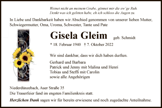 Traueranzeige von Gisela Gleim von WRS