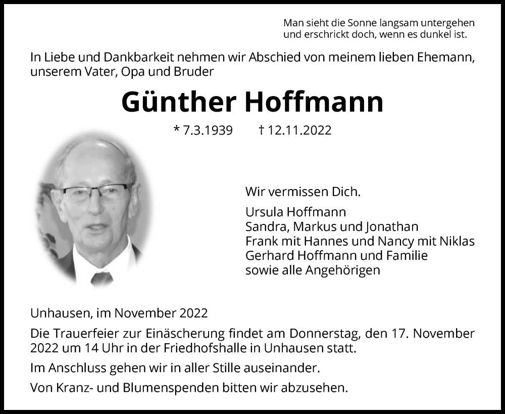  Traueranzeige für Günther Hoffmann vom 15.11.2022 aus WRS