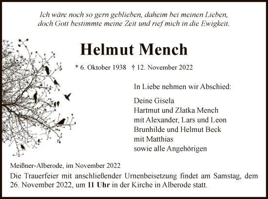 Traueranzeige von Helmut Mench von WRS