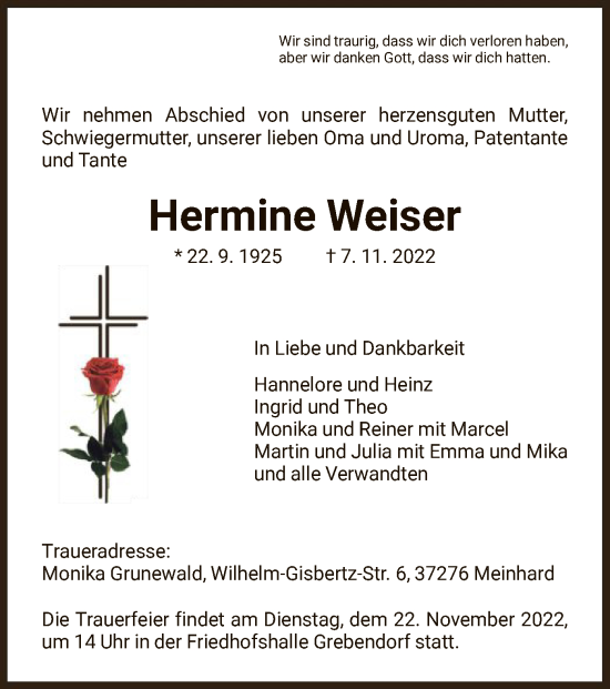 Traueranzeige von Hermine Weiser von WRS