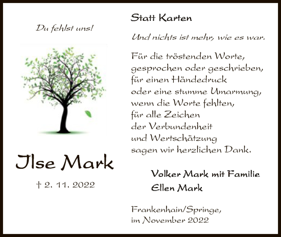 Traueranzeige von Ilse Mark von WRS