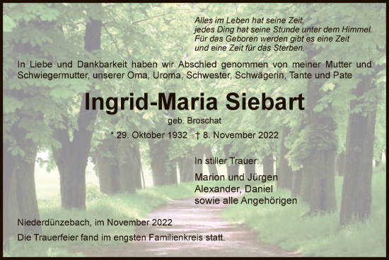 Traueranzeige von Ingrid-Maria Siebart von WRS