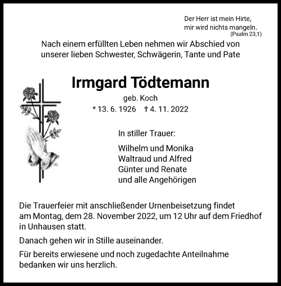 Traueranzeige von Irmgard Tödtemann von WRS