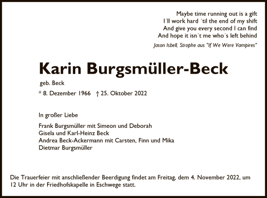 Traueranzeige von Karin Burgsmüller-Beck von WRS