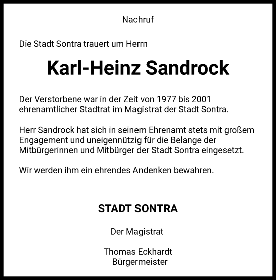 Traueranzeige von Karl-Heinz Sandrock von WRS