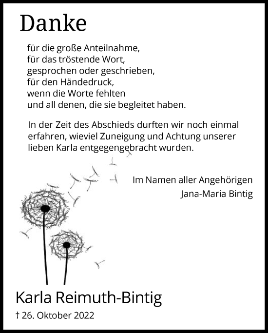 Traueranzeige von Karla Reimuth-Bintig von WRS