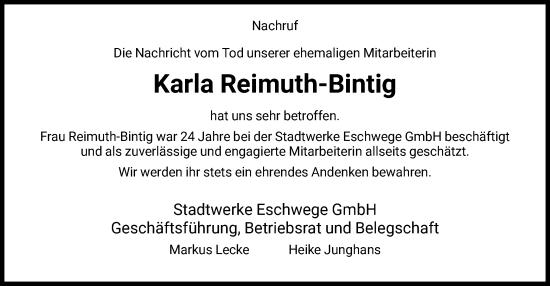 Traueranzeige von Karla Reimuth-Bintig von WRS