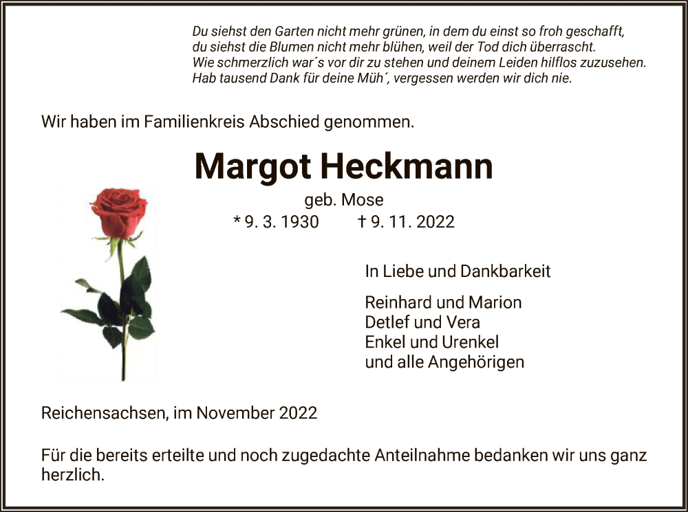  Traueranzeige für Margot Heckmann vom 26.11.2022 aus WRS