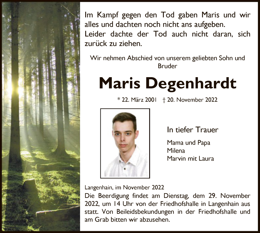  Traueranzeige für Maris Degenhardt vom 26.11.2022 aus WRS