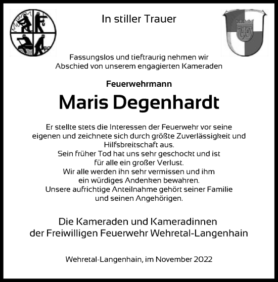 Traueranzeige von Maris Degenhardt von WRS