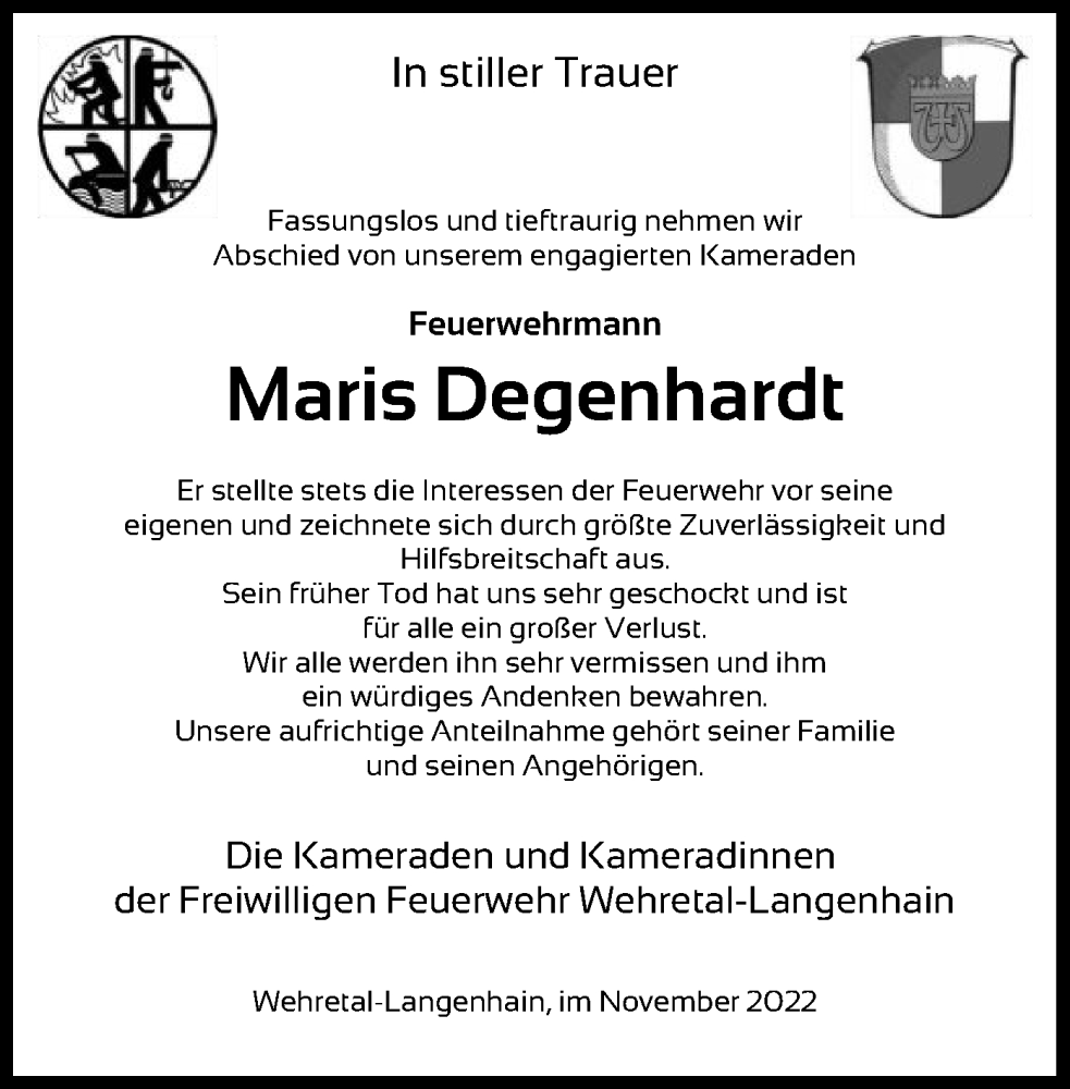  Traueranzeige für Maris Degenhardt vom 28.11.2022 aus WRS