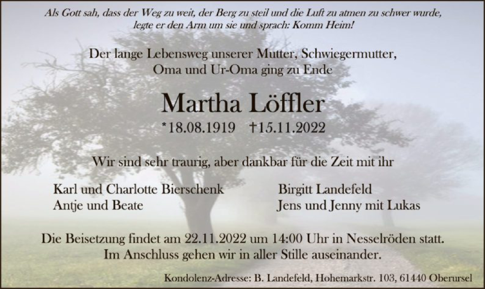  Traueranzeige für Martha Löffler vom 19.11.2022 aus WRS
