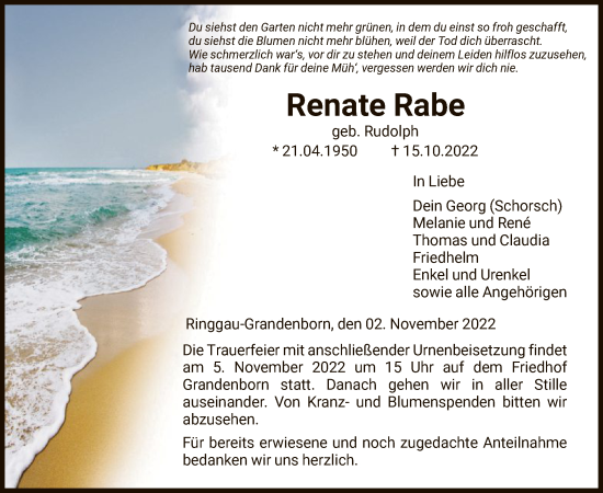 Traueranzeige von Renate Rabe von WRS