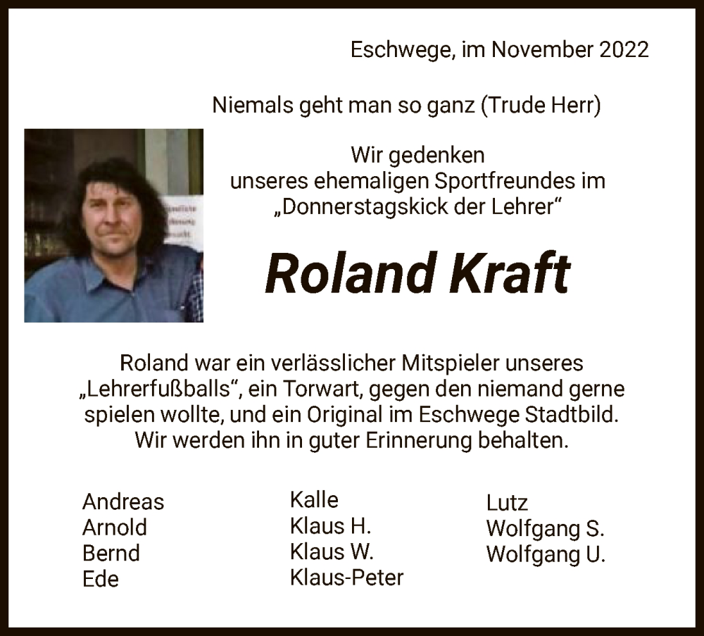  Traueranzeige für Roland Kraft vom 14.11.2022 aus WRS