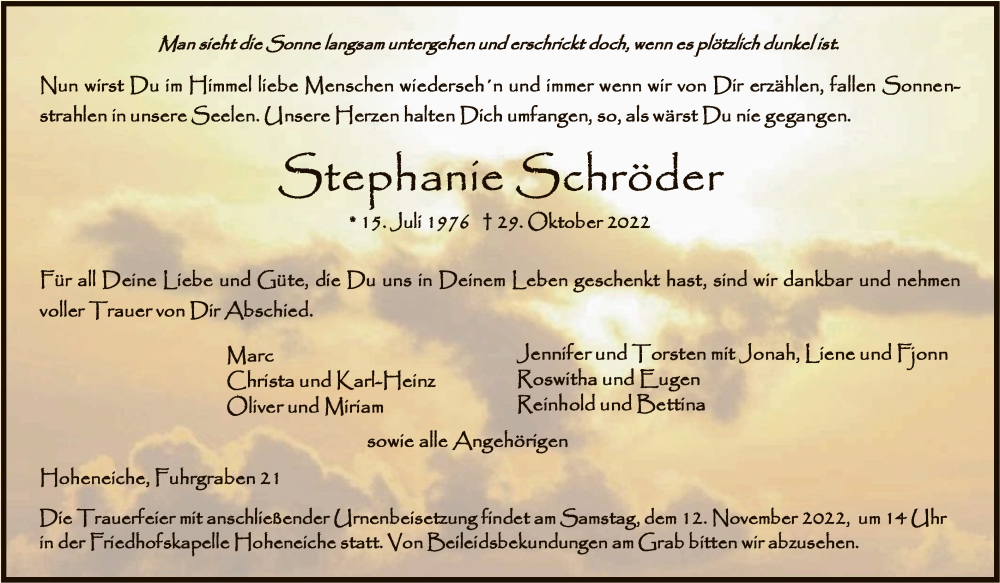  Traueranzeige für Stephanie Schröder vom 05.11.2022 aus WRS