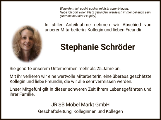 Traueranzeige von Stephanie Schröder von WRS
