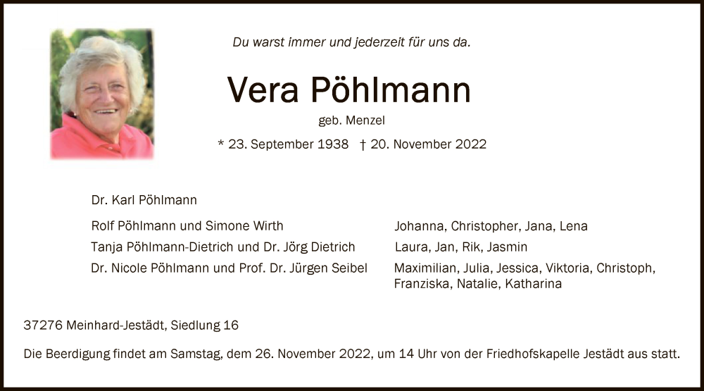  Traueranzeige für Vera Pöhlmann vom 23.11.2022 aus WRS