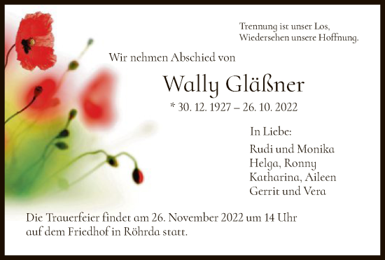 Traueranzeige von Wally Gläßner von WRS