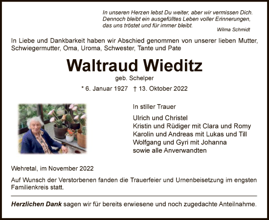 Traueranzeige von Waltraud Wieditz von WRS