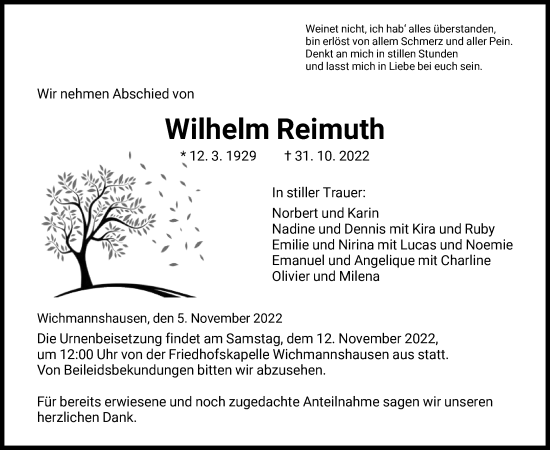 Traueranzeige von Wilhelm Reimuth von WRS