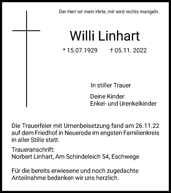 Traueranzeige von Willi Linhart von WRS