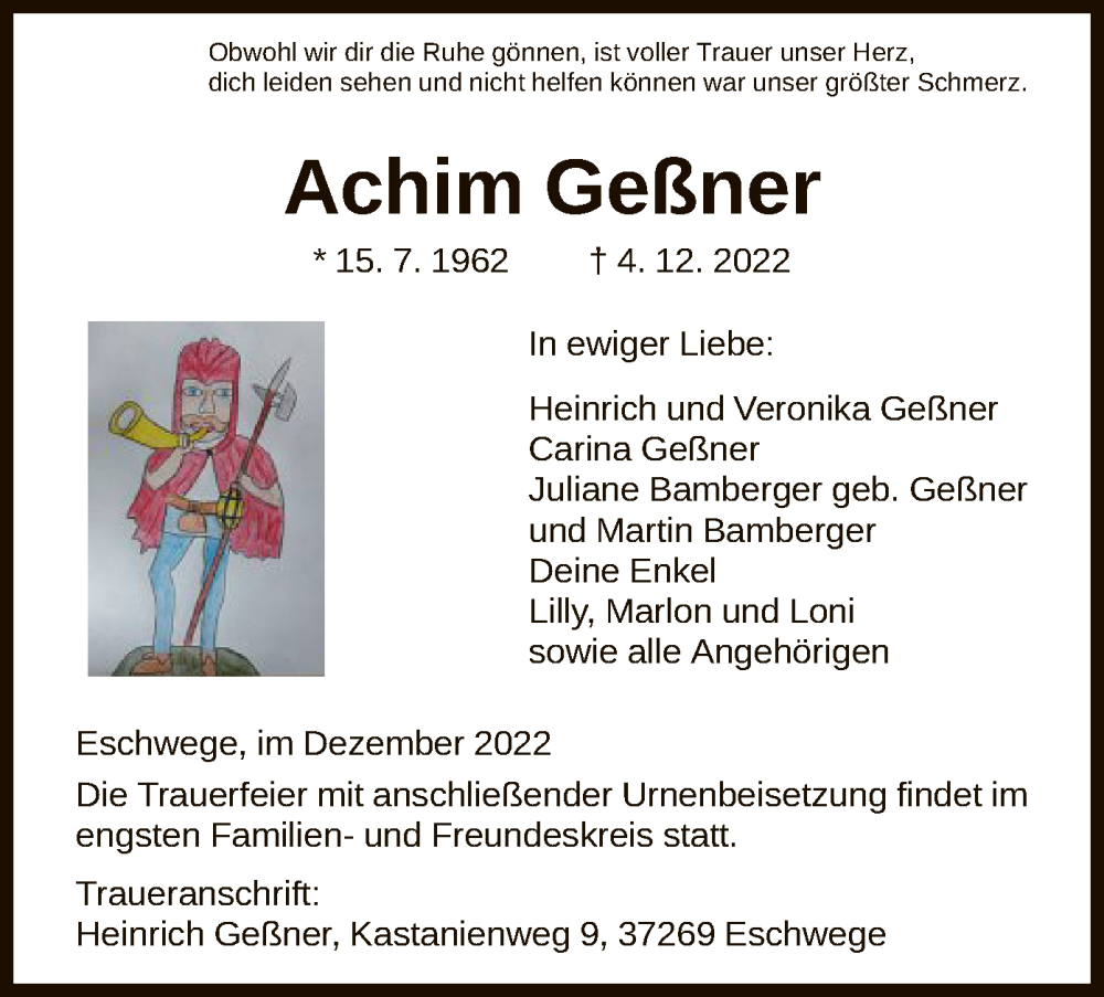  Traueranzeige für Achim Geßner vom 24.12.2022 aus WRS