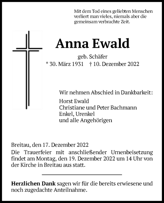 Traueranzeige von Anna Ewald von WRS