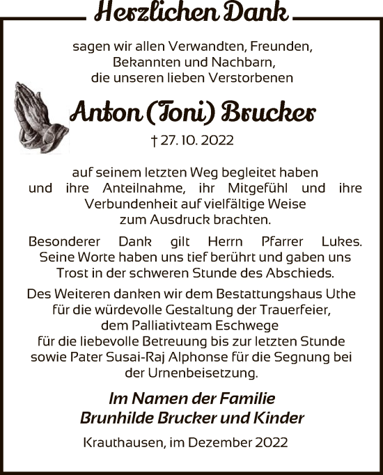 Traueranzeige von Anton Brucker von WRS