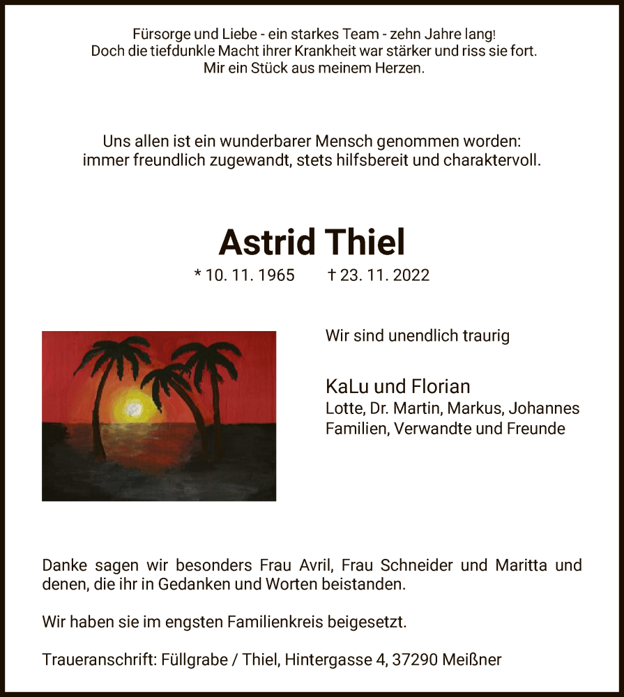  Traueranzeige für Astrid Thiel vom 20.12.2022 aus WRS