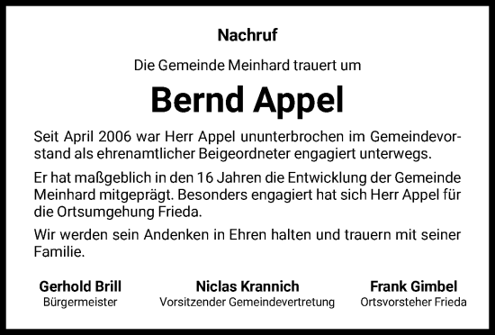 Traueranzeige von Bernd Appel von WRS