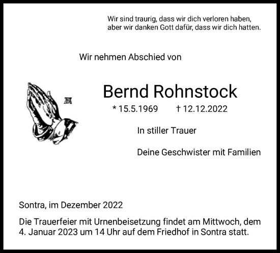 Traueranzeige von Bernd Rohnstock von WRS