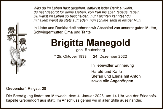 Traueranzeige von Brigitta Manegold von WRS